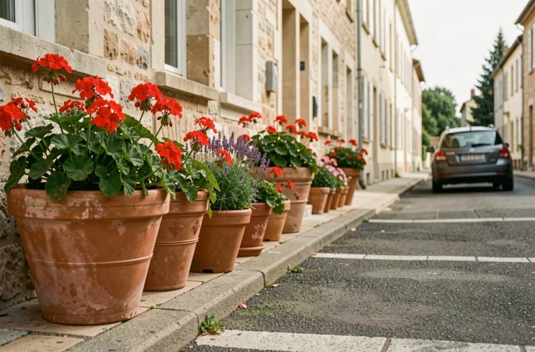 Rangée de pots de fleurs en terre cuite bloquant une place de stationnement devant une maison en pierre dans une rue résidentielle française