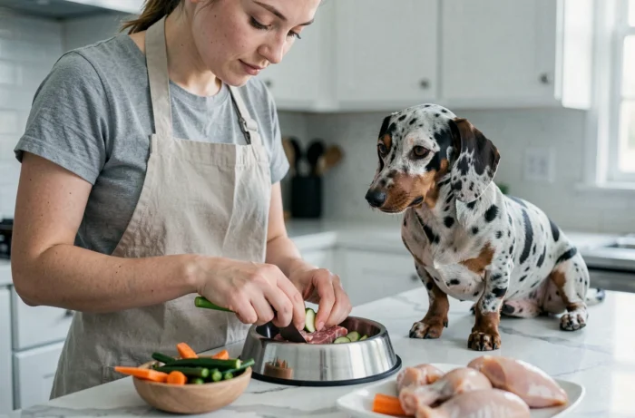 Femme préparant un repas maison équilibré pour son teckel à poils ras arlequin avec des légumes frais et de la viande maigre sur un plan de travail en marbre