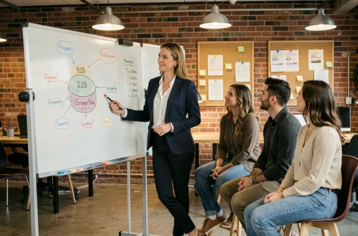 Responsabile marketing B2B che presenta una strategia di crescita su una lavagna a un team in un ufficio moderno