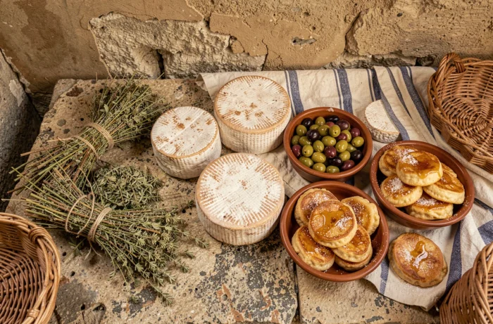 Étale de produits sardes typiques au marché de Porto Torres : pecorino, olives, herbes séchées et pâtisseries locales sur une surface en pierre