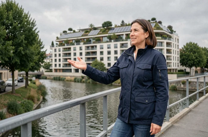 Project manager in front of an ecological residential building with green roofs in Grand Paris Seine Ouest