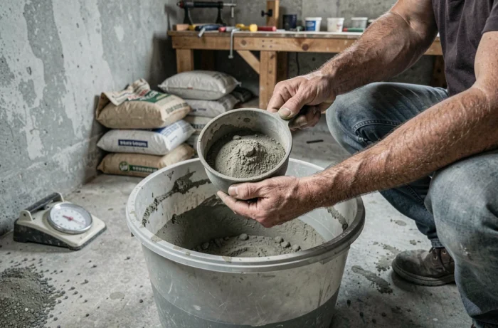 Mains d'un maçon mesurant précisément les proportions de ciment pour préparer le béton d'une dalle