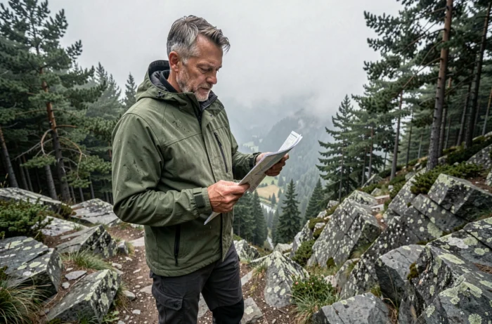 Homme en randonnée lisant une carte sur un sentier montagneux entouré de forêt de pins, activité de plein air et loisir nature