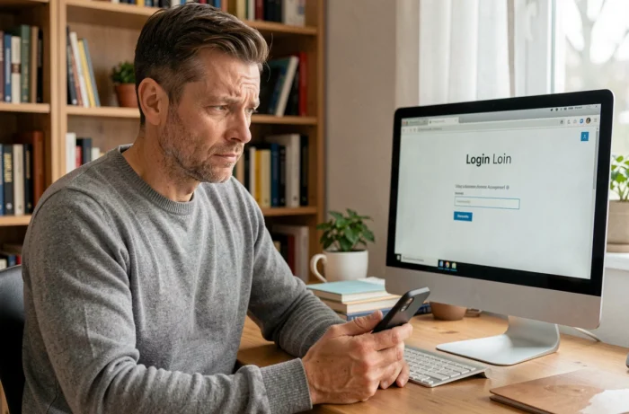 Homme récupérant son identifiant de connexion Mypeopledoc depuis son bureau à domicile