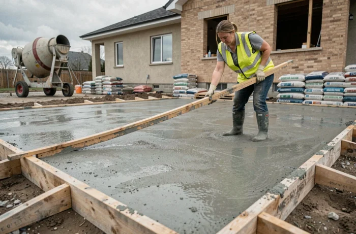 Ouvrière du bâtiment en train de régler et lisser une dalle de béton fraîchement coulée sur un chantier de construction