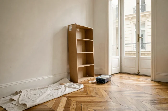 Pièce rénovée avec parquet restauré et murs fraîchement peints dans un appartement haussmannien