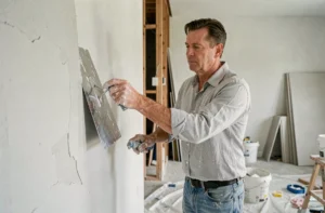 Artisan en train d'appliquer de l'enduit sur un mur lors de travaux de rénovation intérieure