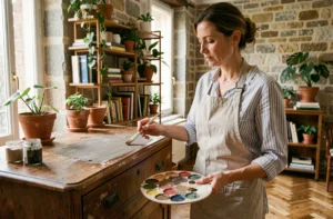 Femme rénovant une commode vintage avec de la peinture craie dans un salon cosy aux murs en pierre