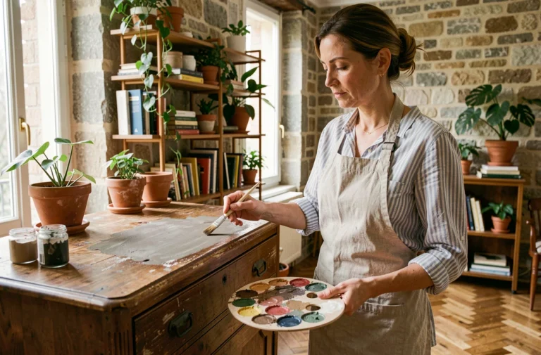 Femme rénovant une commode vintage avec de la peinture craie dans un salon cosy aux murs en pierre