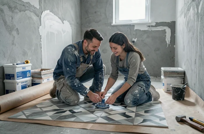 Couple posant des carreaux géométriques lors d'une rénovation de salle de bain en mode DIY