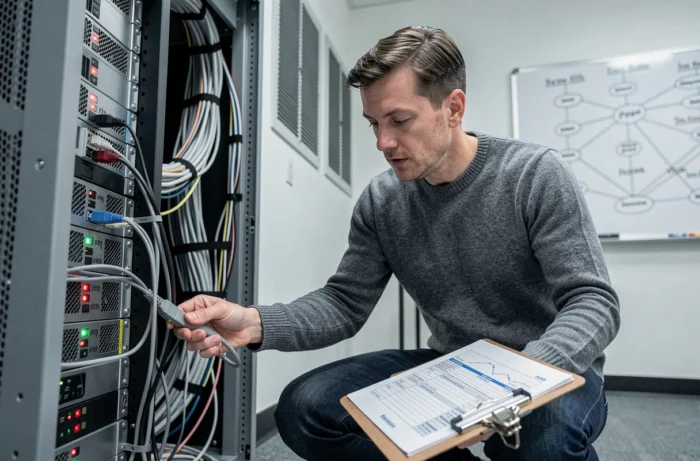 IT-manager van een start-up die een gehuurde serverrack configureert in een professionele serverruimte