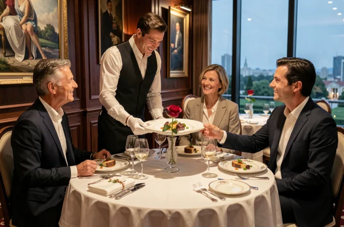 Gourmet dinner in an 8-star hotel restaurant with white-gloved service, fine china, and city views
