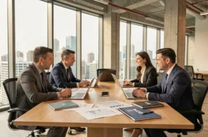 Réunion stratégique B2B entre professionnels autour d'une table de conférence moderne avec rapports et ordinateurs portables