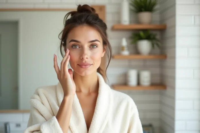 Femme appliquant un sérum sur son visage dans une salle de bain minimaliste scandinave, routine beauté quotidienne naturelle