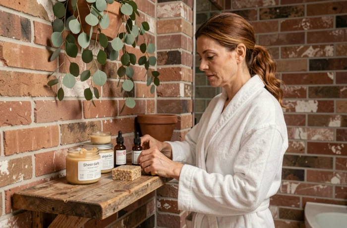 Vrouw in een witte jurk die natuurlijke verzorgingsproducten op een houten plank in een minimalistische badkamer met zichtbare bakstenen en eucalyptus rangschikt