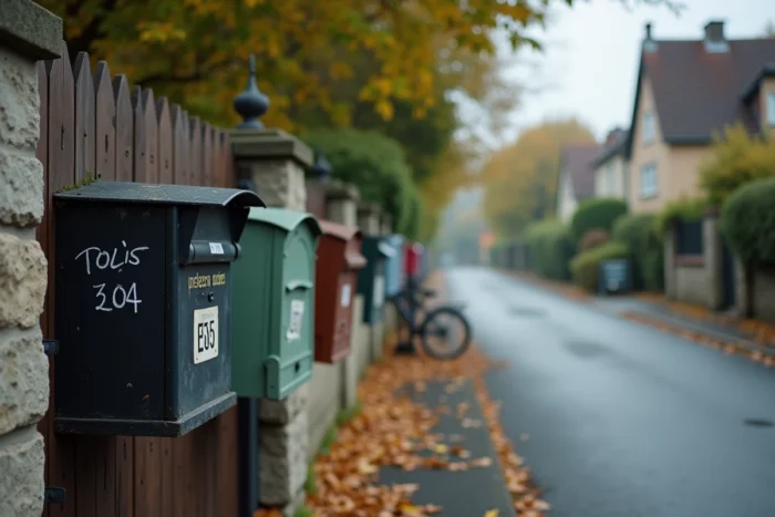 Vue d'une rue résidentielle française avec plusieurs boîtes aux lettres présentant des marques suspectes utilisées par les cambrioleurs