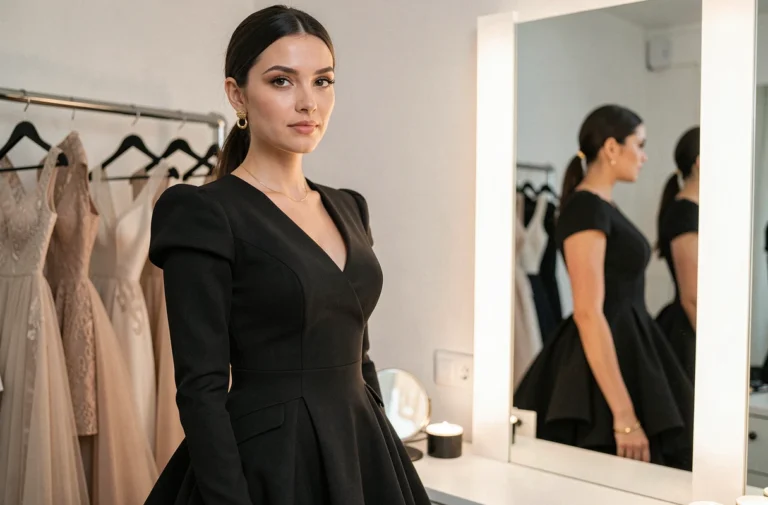 Mannequin femme en robe Dior haute couture dans une loge backstage parisienne, portrait professionnel illustrant le métier et le salaire des mannequins Dior