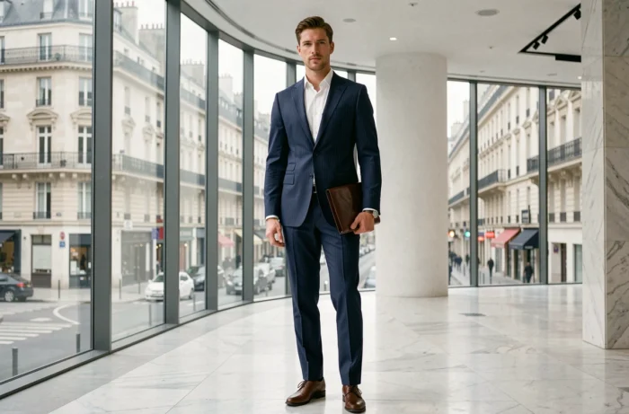 Männliches Model in einem Dior-Anzug in einem Pariser Showroom mit urbanem Ausblick, Bild, das die Arbeitsbedingungen und die Vergütung von Models in der Haute Couture veranschaulicht