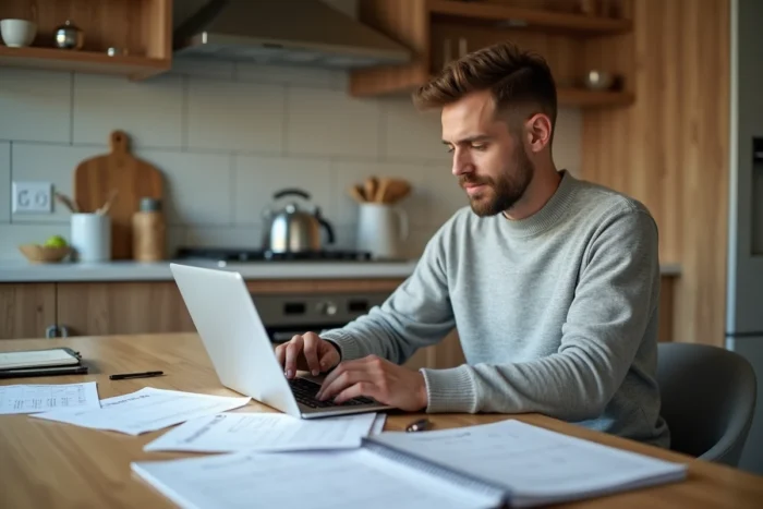 Homme travaillant depuis chez lui sur une feuille de calcul pour estimer son salaire net selon la convention collective 66