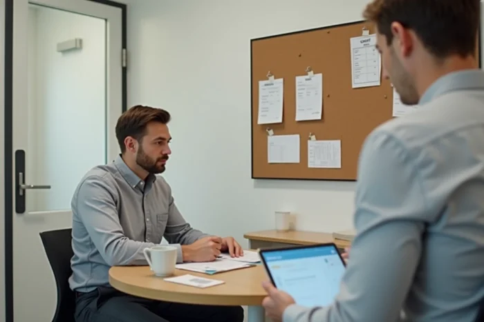 Employé consultant sa fiche de paie et son planning dans la salle de repos d'un magasin H&M