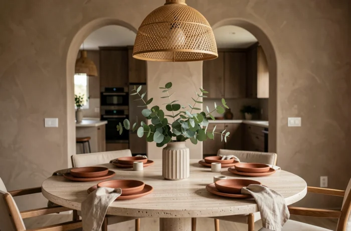 Tavolo da pranzo in travertino con stoviglie artigianali in terracotta e decorazione vegetale essenziale