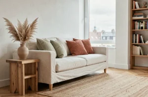 Salon minimaliste scandinave avec canapé en lin crème, coussins en laine texturée et parquet en chêne en chevron — inspiration déco intérieur tendance