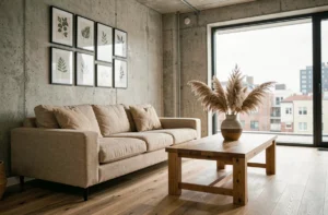 Salon scandinave décoré avec un canapé en lin, des plantes séchées et une galerie de cadres botaniques noirs