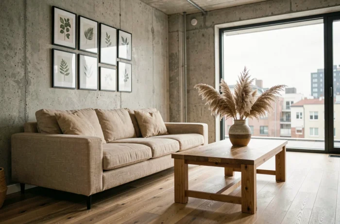 Salon scandinave décoré avec un canapé en lin, des plantes séchées et une galerie de cadres botaniques noirs