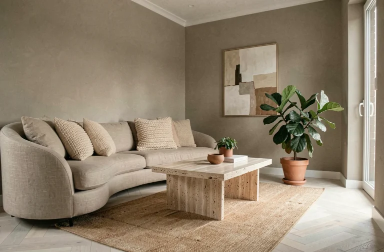 Salon scandinave moderne avec canapé en lin beige, table basse en travertin et plante verte dans un pot en terre cuite, décoration tendance aux tons chauds et naturels