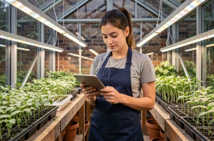 Horticultural scientist recording plant growth data under LED lighting in an urban research greenhouse