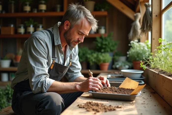 Homme semant des graines de tanaisie dans un plateau de germination dans un abri de jardin