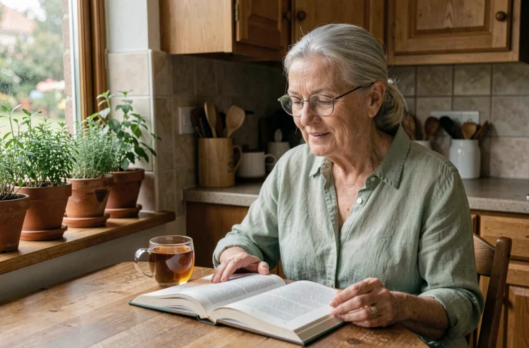 Senior femme aux cheveux argentés lisant un livre de bien-être à une table en bois avec une tasse de thé