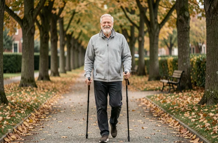 Senior man smiling walking in a park in autumn with Nordic walking poles