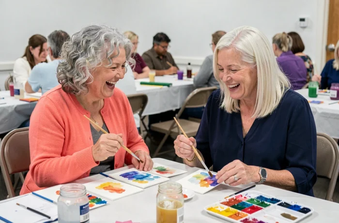 Two senior women participating in a watercolor painting workshop in a community center