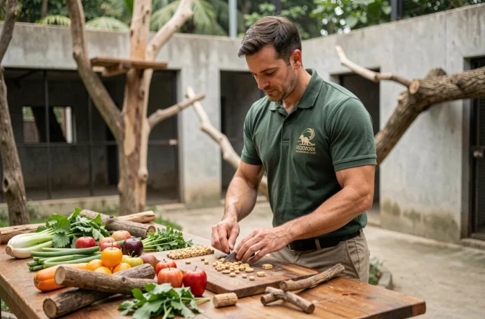Zoo keeper preparing food enrichment for animals, animal world trends
