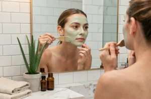 Femme appliquant un masque à l'argile verte avec une spatule en bois devant un miroir de salle de bain, entourée de produits de soin naturels en verre ambré