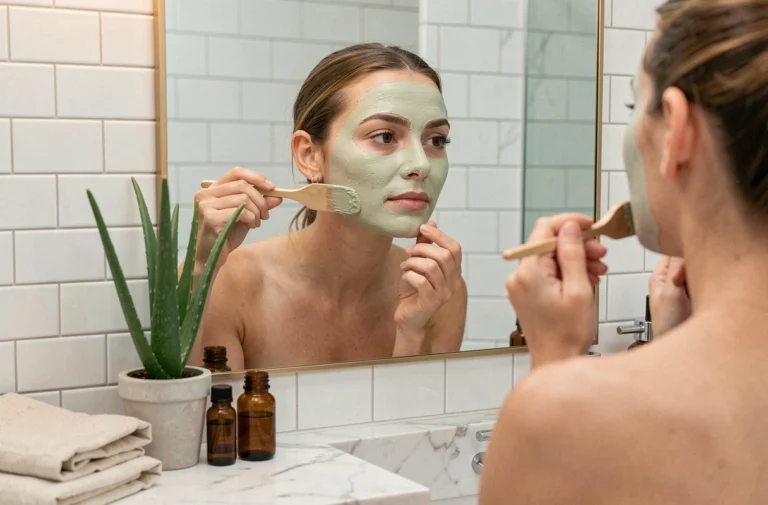 Femme appliquant un masque à l'argile verte avec une spatule en bois devant un miroir de salle de bain, entourée de produits de soin naturels en verre ambré