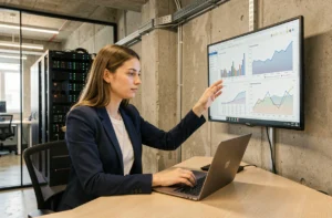 Jeune fondatrice de start-up analysant des données sur un ordinateur loué dans un espace de travail moderne et technologique