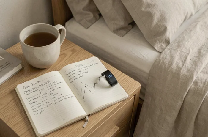 Journal de suivi du sommeil et montre connectée sur une table de nuit illustrant la mesure des heures de sommeil pour une meilleure santé