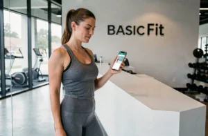 Femme consultant les tarifs d'abonnement Basic Fit sur son smartphone à l'accueil d'une salle de sport moderne