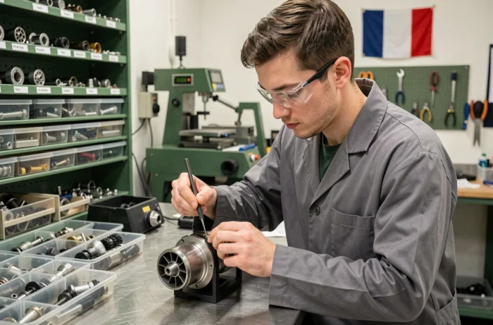 Technicien assemblant un composant de propulsion de drone dans un atelier de startup aérospatiale à Toulouse