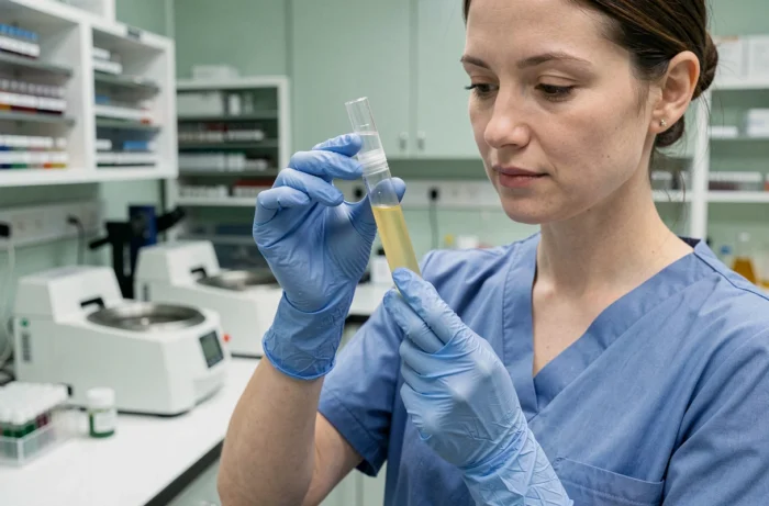 Technicienne de laboratoire analysant un tube de sérum sanguin pour évaluer la lactescence
