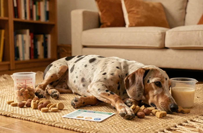 Teckel à poils ras arlequin allongé sur un tapis en jute entouré de friandises naturelles et d'accessoires nutritionnels dans un salon cosy
