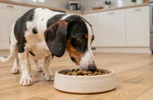Teckel à poils ras arlequin noir et blanc s'apprêtant à manger sa gamelle de croquettes sur un parquet en bois clair dans une cuisine moderne