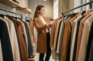Femme élégante en manteau camel explorant les dernières tendances mode dans une boutique parisienne minimaliste