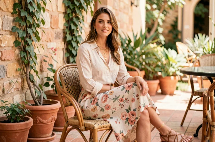 Young woman in a floral midi skirt and linen blouse sitting on a terrace, illustrating spring and summer fashion trends