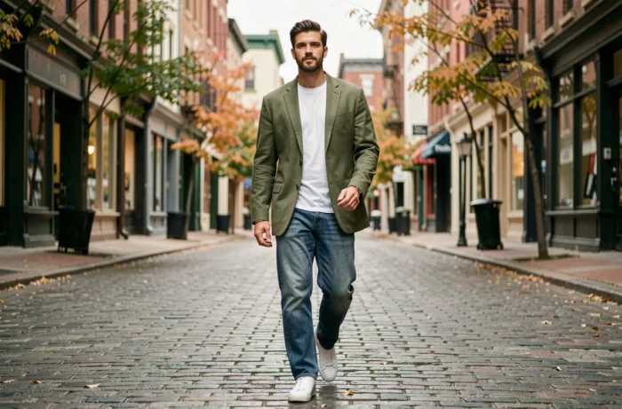 Man in oversized olive blazer and raw denim walking on a cobblestone street with autumn urban fashion inspirations