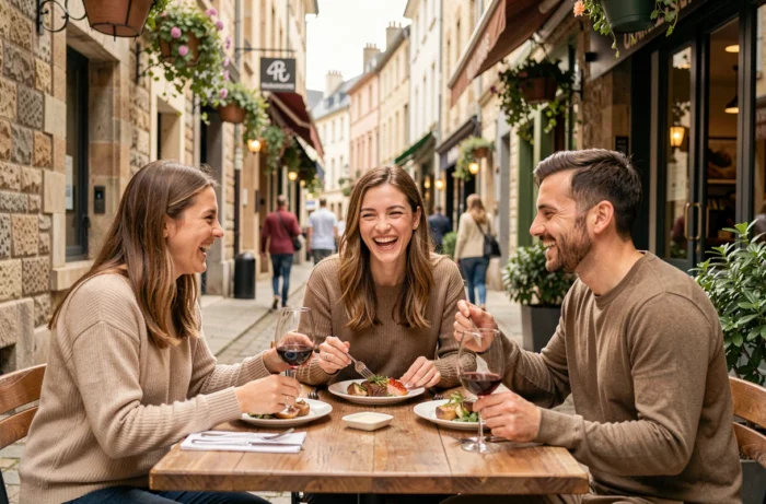 Gruppo di amici seduti in terrazza di una brasserie di Nantes, condividendo piatti regionali in una strada pedonale