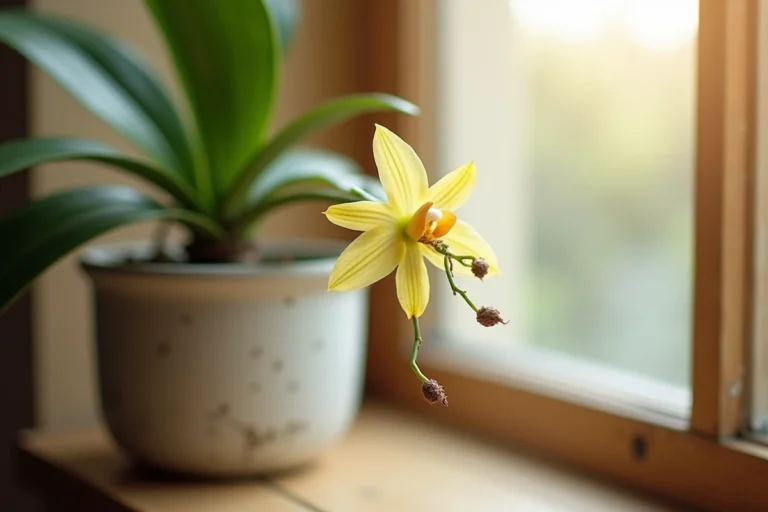 Tige d'orchidée qui jaunit progressivement avec des racines aériennes sèches sur un rebord de fenêtre en bois