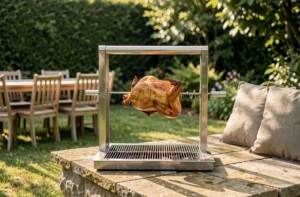Tourne-broche solaire en acier inoxydable installé sur un barbecue en pierre dans un jardin verdoyant avec un poulet entier en train de rôtir